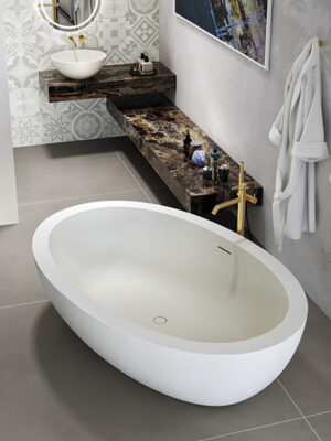 freestanding tub in White Stonage model Elite by MOMA Design with porcelain stoneware shelves