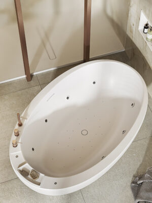 Freestanding tub in White Stonage model Elitechnic by MOMA Design with rim-mounted faucets, Airpool System and color therapy