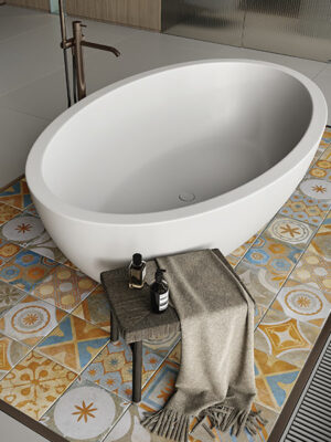 vasca freestanding in White Stonage modello Emerald di MOMA Design su pedana in maiolica