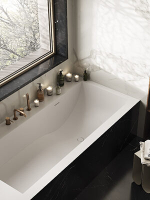 MOMA Design built-in tub in Stonage model Jade Inca, for installation in niche and front wall cladding with porcelain stoneware finish Elegant Black