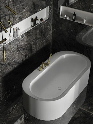 freestanding tub in White Stonage model Olivia by MOMA Design, with rim-mounted faucets and Aipool System