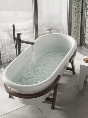 freestanding tub in White Stonage model Provence by MOMA Design, with Teak support structure