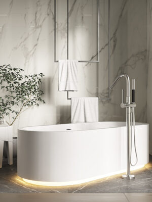 freestanding tub in White Stonage model Sapphire Free by MOMA Design, with 3000°K LED-illuminated baseboard and Servetto model ceiling accessory