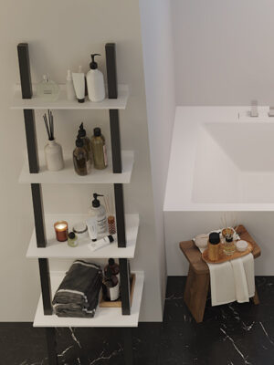 Black lacquered MDF storage ladder and shelves in White Stonage, flanked by alcove bath in White Stonage