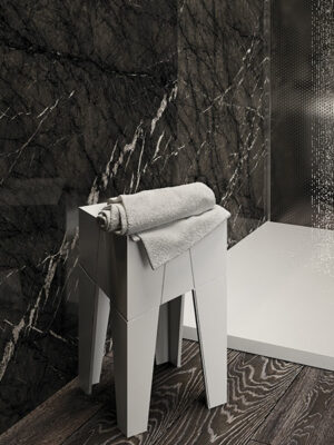 MOMA Design model tangram stool in white stonage and Minimum model shower tray