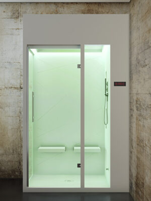 Hammam MOMA Design in Corian modello Compact ad angolo con doppio sedile Shower seat