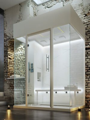 MOMA Design hammam King Size model with backlit bench, showerhead and waterfalls at the ceiling