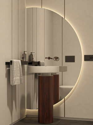 copertina specchio MOMA Design modello Mirr Half Moon dietro a lavabo Tower Oyster