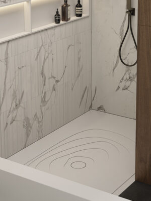 receveur de douche de plain-pied modèle Onda en White Stonage par MOMA Design, avec niche de rangement modèle Container