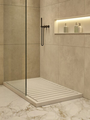 piatto doccia ad angolo MOMA Design modello One Shower con doghe in Corian e nicchia illuminata modello Container