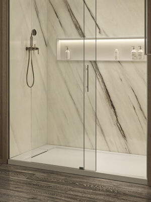 Receveur de douche MOMA Design en niche modèle Shower Case, avec paroi de douche coulissante