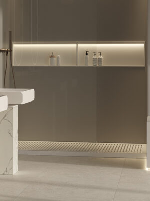 MOMA Design Duschwanne Modell Shower List in Stonage mit gestreifter Corian-Trittfläche und beleuchteter Nische Modell Container