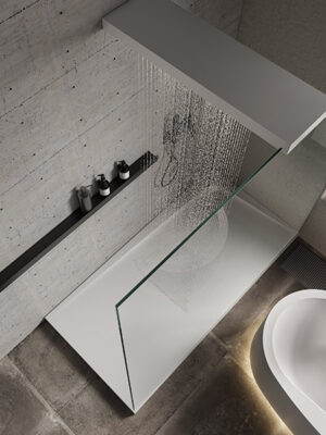 receveur de douche d'angle en Stonage MOMA Design modèle Solo, avec verre fixe et pomme de douche modèle Shower Glass, avec barre de douche modèle Line en aluminium noir