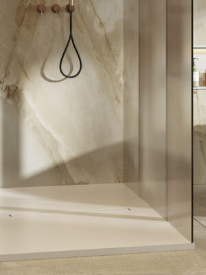 MOMA Design shower tray model Verve in White Stonage with fixed frosted glass