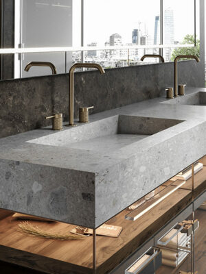 lavabo sous plan MOMA Design modèle Capri Inca en grès Gris du Gent, monté sur plan en grès assorti et meuble modèle Elegance en verre fumé