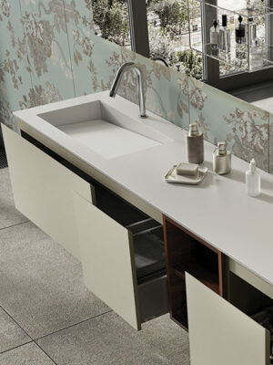 Capri Module washbasin top detail in stonage, on Emotion cabinet with open drawers