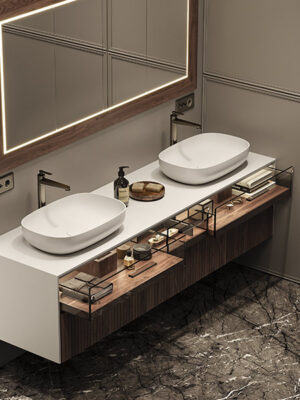 mobile sospeso MOMA Design modello Slimline glass + wood con cassetti aperti in vetro e noce canaletto fresato, con lavabi d'appoggio modello Sweet