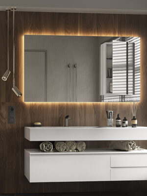 specchio MOMA Design modello Mirr in mirror single con retroilluminazione e vano contenitore a destra