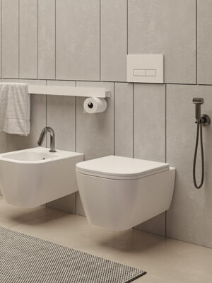 MOMA design Sanitärkeramik Modell Quadro aus matt satinierter Keramik, mit Line Toilettenpapierhalter