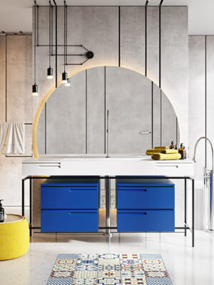 Mobile MOMA Design modello Aria Plus con struttura metallica nera, top in stonage con lavabo integrato modello Cut in stonage e cassetti laterali, cassettoni laccati blu collezione Emphasis