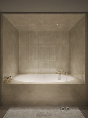 MOMA Design model Elite Inca bathtub set at the Mandarin in New York.