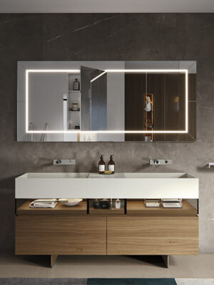 mobile a terra MOMA Design modello Elegance glass+wood con piano lavabo in corian e cassetti in vetro fumé e legno