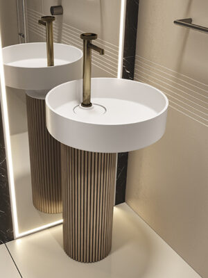 lavabo à poser MOMA Design modèle Tower Oyster avec lavabo en pierre blanche et base en chêne naturel fraisé, avec robinetterie intérieure