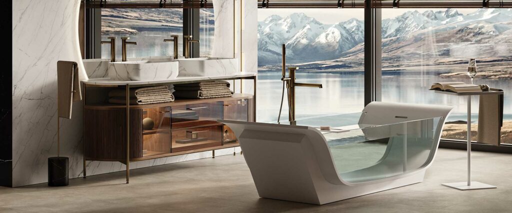 mobile eclipse in noce e vetro con lavabi in marmo e vasca da bagno chaise longue vitree