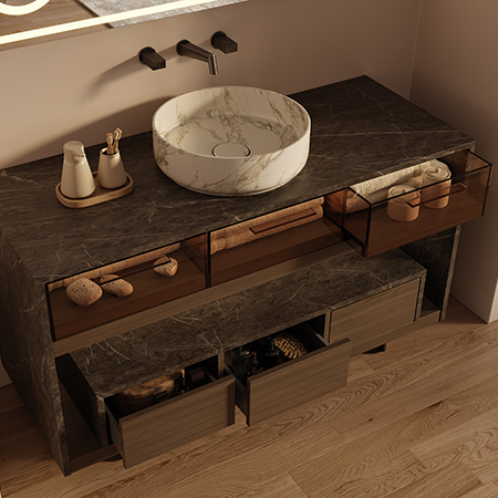 excellent with grey stone marble frame and tobacco oak and bronzed glass drawers