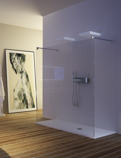 box doccia fisso MOMA Design modello BX 501 lite con due barre di irrigidimento, con due soffioni modello Shower Wall