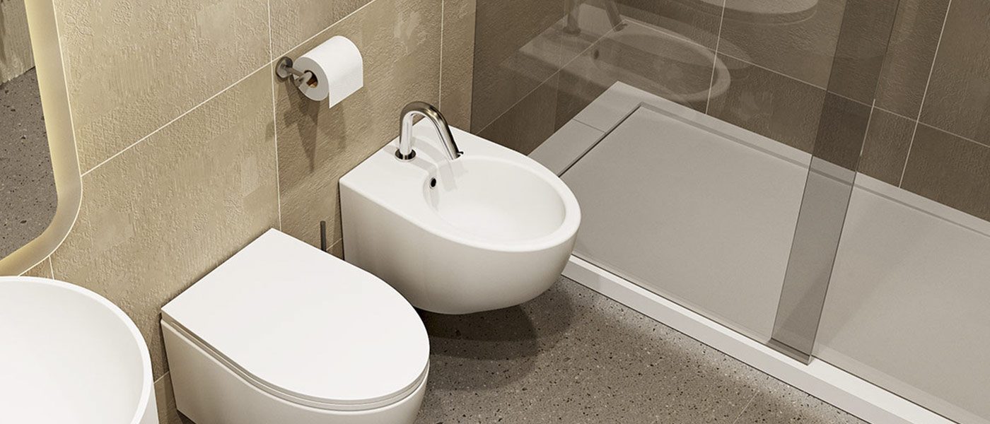 copertina2-btondo-bidet-sospeso-con-fissaggio-a-scomparsa-in-ceramica-opaca dettaglio sanitari MOMA design modello Tondo in ceramica satinata opaca, affiancati a piatto doccia modello Shower Case