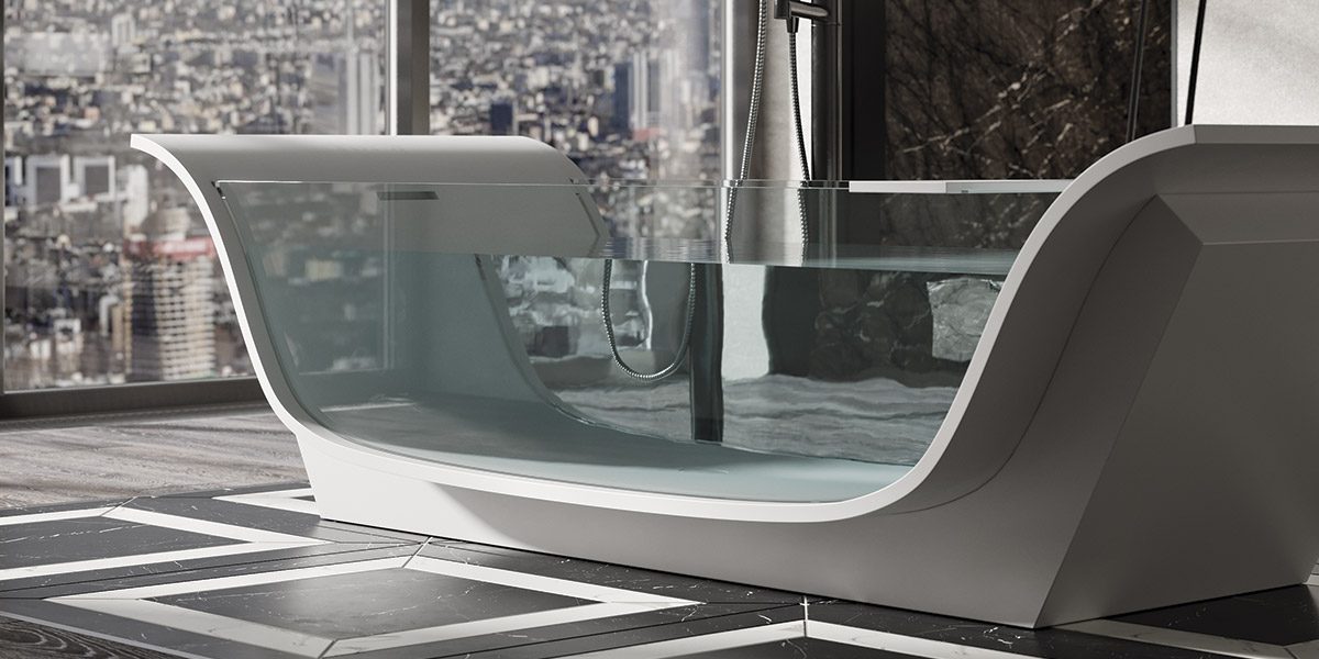 copertina2-chaise-longue-vitrè-vasca-freestanding vasca freestanding in White Stonage modello Chaise Longue Vitrée di MOMA Design con pareti in vetro