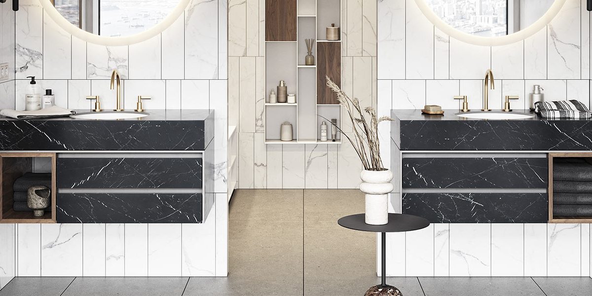 copertina2-circle-inca-lavabo-da-sotto-top-in-white-stonage doppio lavabo da incasso sottotop MOMA Design in stonage modello Circle Inca, montato su piano in gres finitura Elegant Black e mobile modello Victoria, cassetti chiusi e vani a giorno in noce canaletto
