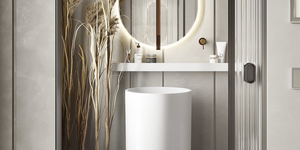 copertina2-circular-tower-lavabo-freestanding-in-white-stonage lavabo tower freestanding MOMA Design modello Circular Tower in Stonage con accessorio a muro barra modello Line in alluminio bianco e rubinetteria a soffitto, cliose-up frontale