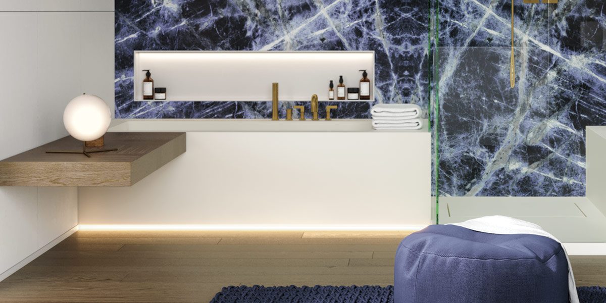 copertina2-crystal-vasca-squadrata-customizzabile-in-white-stonage vasca ad angolo MOMA Design in Stonage, modello Crystal senza schienali, rubinetteria a bordo vasca e nicchia Container e LED, affiancata a piatto doccia modello Tolomeo in Stonage