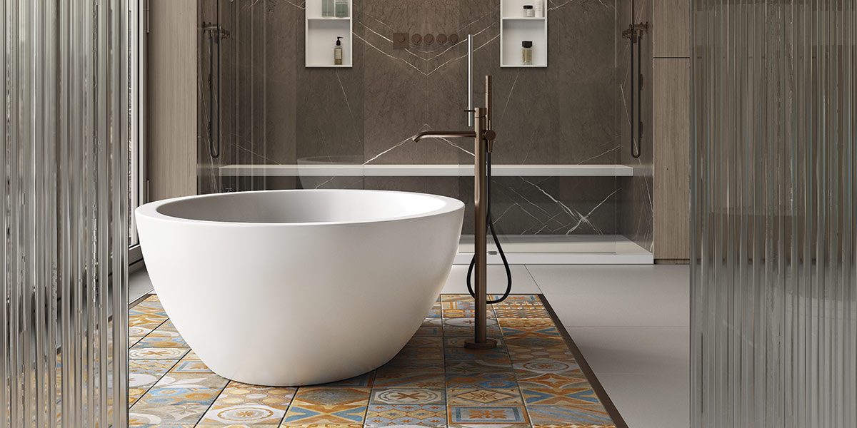 copertina2-emerald vasca freestanding in white stonage vasca freestanding in White Stonage modello Emerald di MOMA Design su pedana in maiolica e box doccia