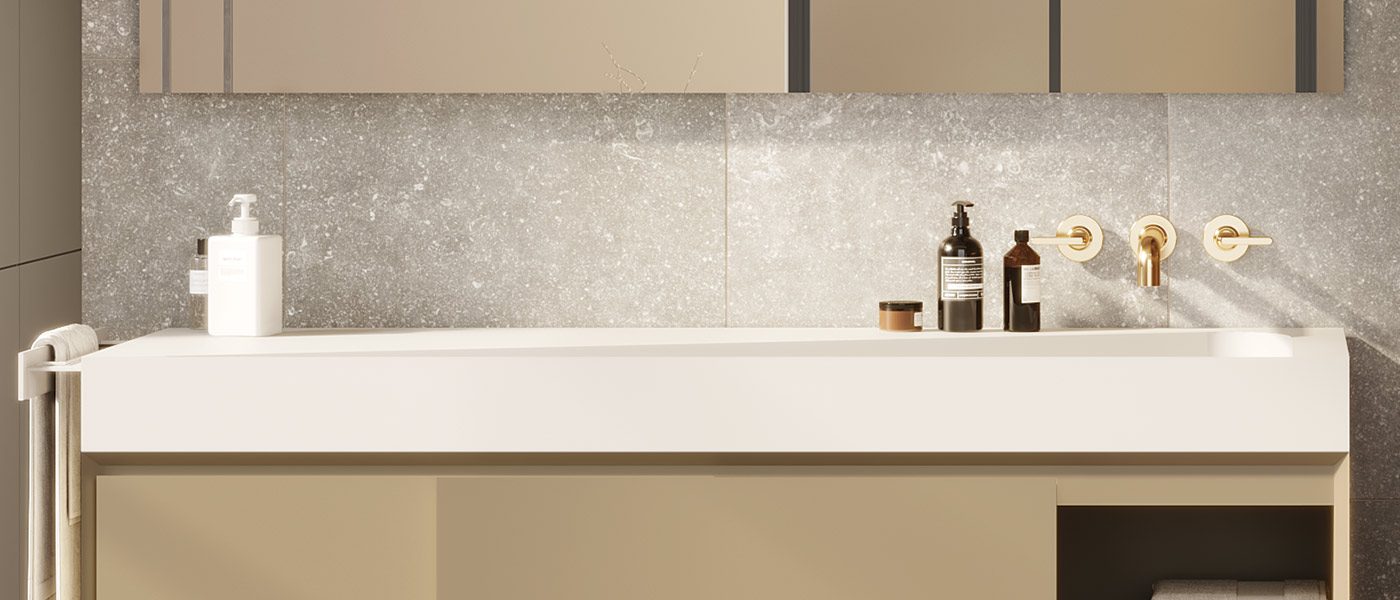 copertina2-flat–piano-con-lavabo-integrato-asimmetrico-in-white-stonage dettaglio piano lavabo MOMA Design modello Flat System in stonage, su mobile modello Evermotion Slide