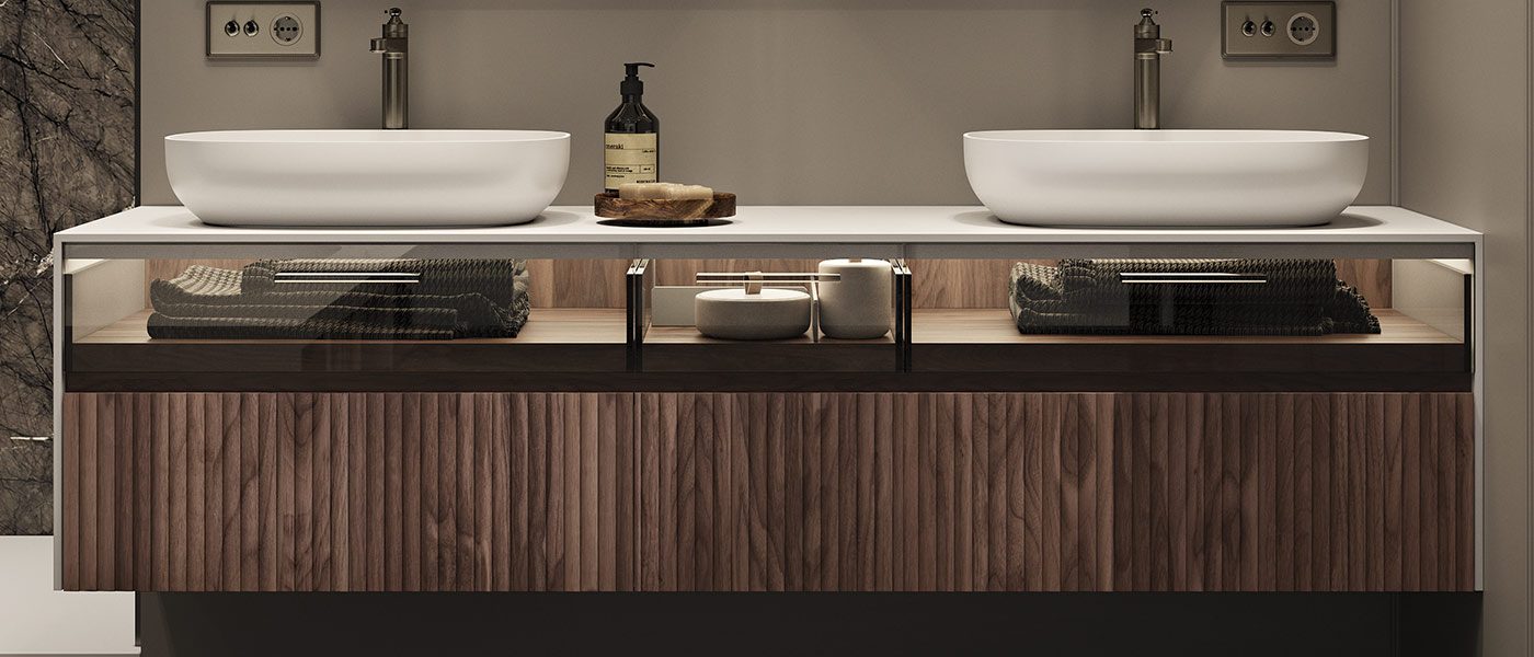 mobile sospeso MOMA Design modello Slimline glass + wood con cassetti chiusi in vetro e noce canaletto fresato, con lavabi d'appoggio modello Sweet