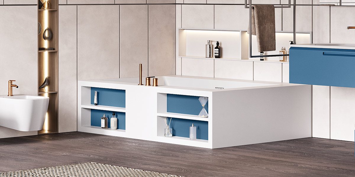 copertina2-miami-vasca-squadrata-customizzabile-in-white-stonage vasca ad angolo MOMA Design in Stonage, modello Miami con due schienali, rubinetteria a bordo vasca e libreria frontale laccata, con nicchia Container, portasciugamani a soffitto modello Servetto, affiancata da mobile Emphasis e bidet modello Quadro