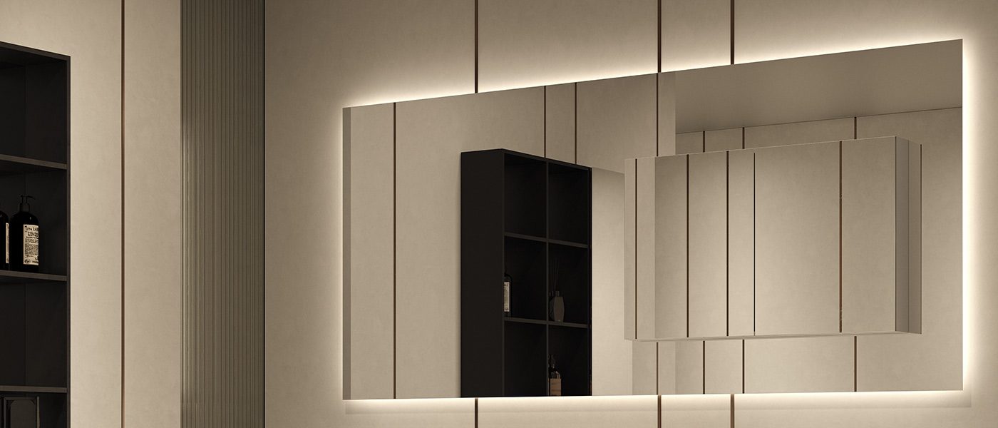 specchio MOMA Design modello Mirr in mirror double con retroilluminazione e vano contenitore a doppia anta a destra