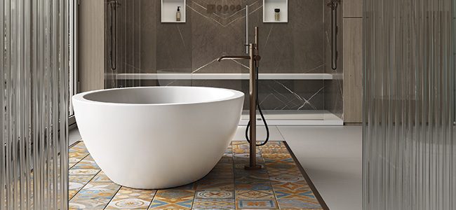 copertina2-mobile-emerald vasca freestanding in white stonage vasca freestanding in White Stonage modello Emerald di MOMA Design su pedana in maiolica e box doccia