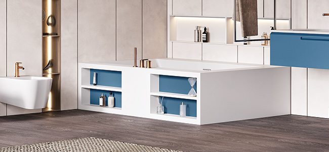 vasca ad angolo MOMA Design in Stonage, modello Miami con due schienali, rubinetteria a bordo vasca e libreria frontale laccata, con nicchia Container, portasciugamani a soffitto modello Servetto, affiancata da mobile Emphasis e bidet modello Quadro