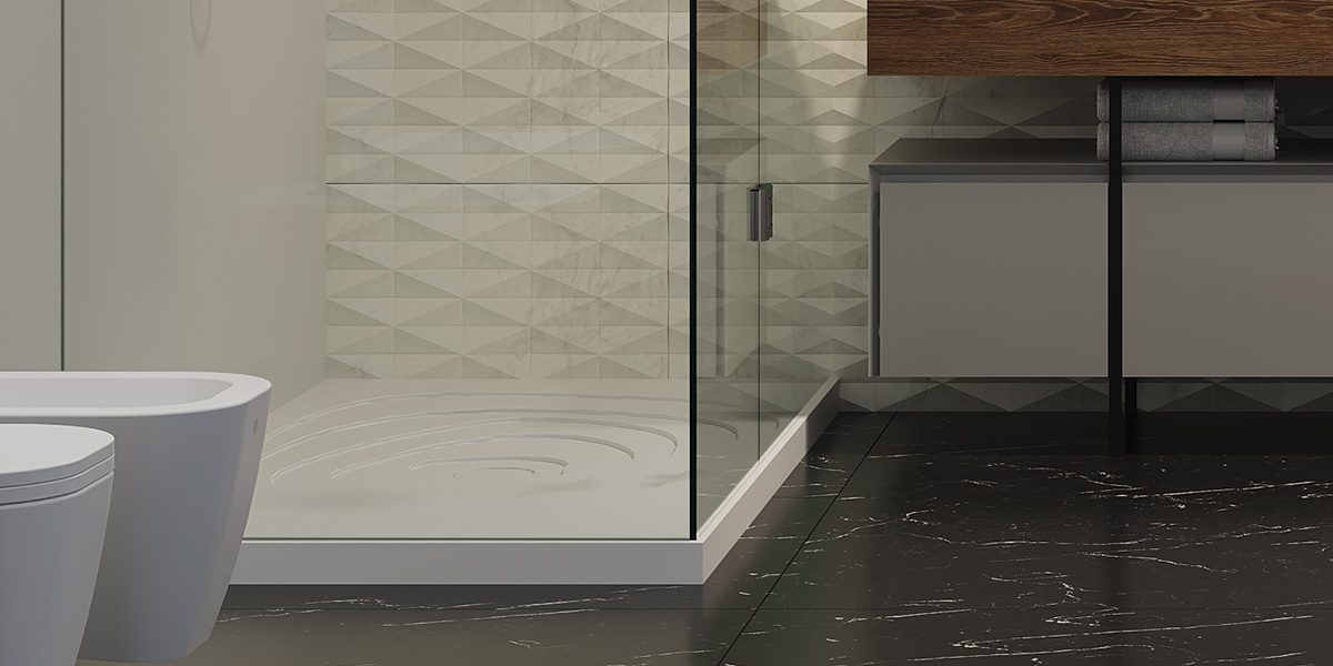 copertina2-onda-piatto-doccia-in-white-stonage piatto doccia ad angolo modello Onda in White Stonage firmato MOMA Design, con box doccia a porta battente, affiancato a mobile modello Aria-Evermotion