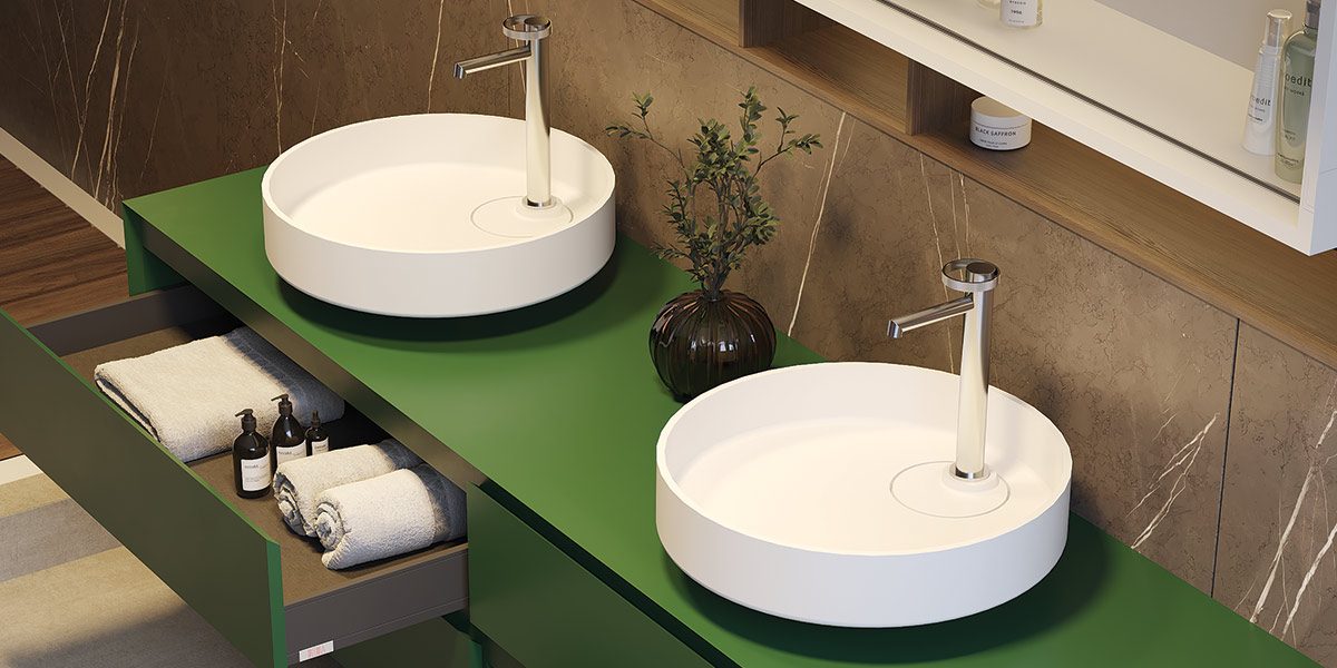 copertina2-oyster-lavabo-da-appoggio-in-white-stonage Lavabi da appoggio MOMA Design modello Oyster in White Stonage con predisposizione miscelatore interno, su mobile laccato modello Evermotion, cassetto aperto