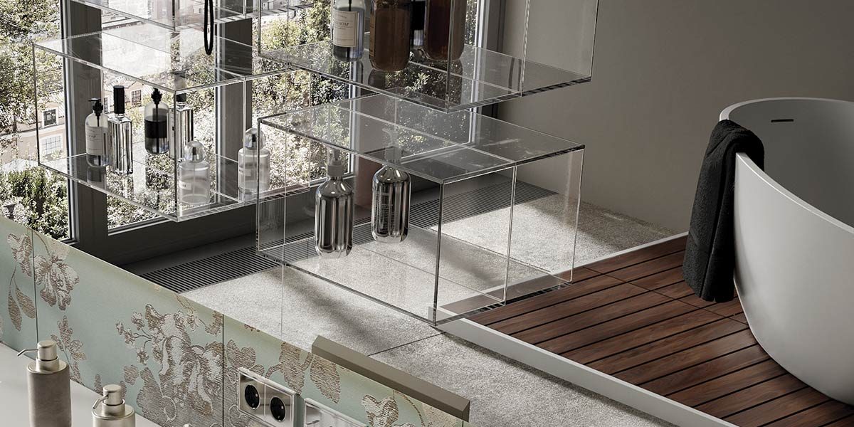 copertina2-ruby vasca freestanding in white stonage vasca freestanding in White Stonage modello Ruby di MOMA Design su pedana in legno Teak, riflessa in specchio modello Mirr UV Cube