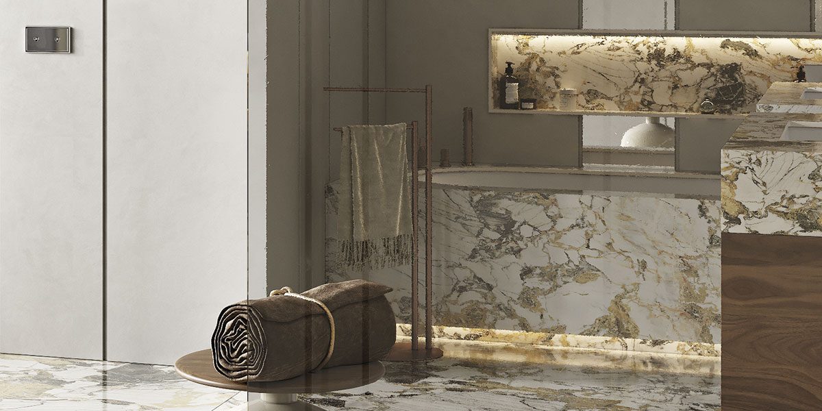 copertina2-sapphire-inca-vasca-da-incasso-in-white-stonage dettaglio parete vasca da incasso MOMA Design in Stonage modello Sapphire Inca, con zoccolino LED 3000°K, per installazione in nicchia e rivesimento totale con gres porcellanato finitura Etoile Symphonie