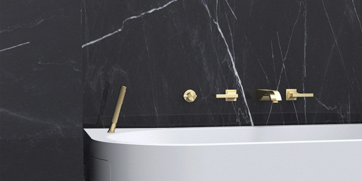 copertina2-sapphire-wall-vasca-amuro-in-white-stonage zoom vasca contro una parete modello Sapphire Wall in Stonage firmata MOMA Design, con foro per doccino