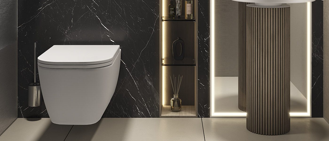 copertina2-wc-sospeso-con-fissaggio-a-scomparsa-in-ceramica-opaca close up WC MOMA design modello WQuadro in ceramica satinata opaca, affiancato da lavabo modello Tower Oyster
