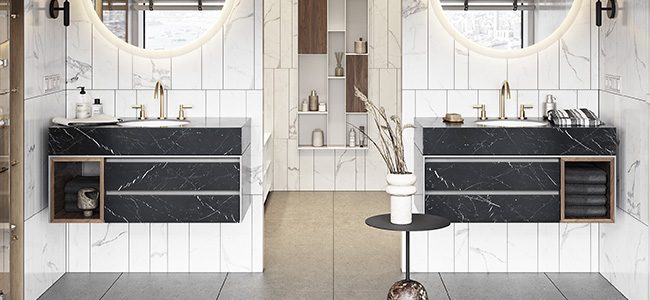 copertina2mobile-circle-inca-lavabo-da-sotto-top-in-white-stonage copertina doppio lavabo da incasso sottotop MOMA Design in stonage modello Circle Inca, montato su piano in gres finitura Elegant Black e mobile modello Victoria, cassetti chiusi e vano a giorno in noce canaletto, rubinetteria su piano e mobile modello Coverwall sullo sfondo