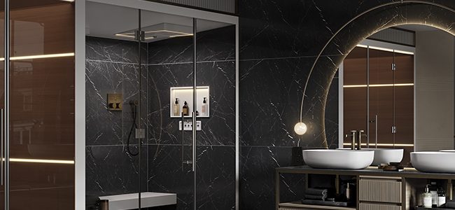 Hammam MOMA Design in Corian modello Comfort ad angolo con panca angolare e soffione integrato nel cielino, affiancato a mobile Aria Plus